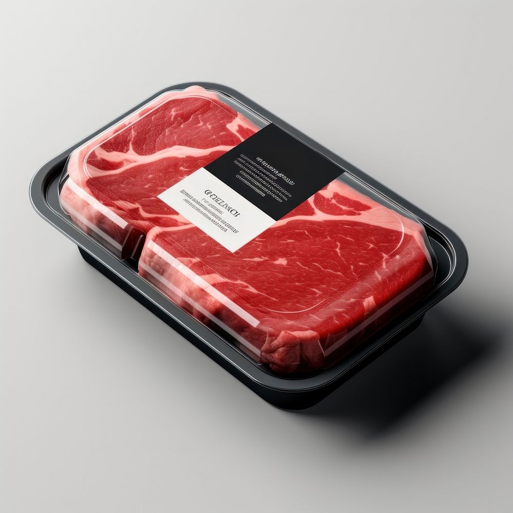 Sealable black plastic tray and cover with raw meat schnitzels and blank label  packaging steak beef food.
