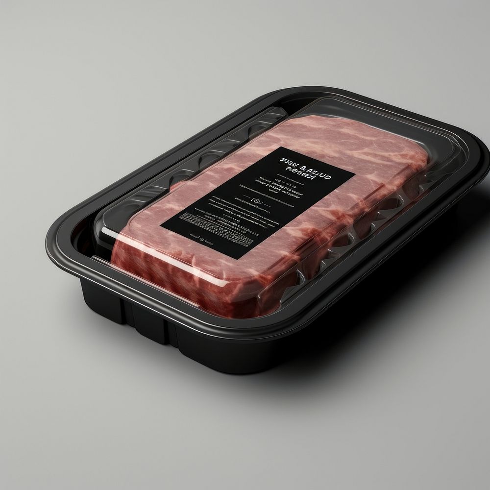 Sealable black plastic tray and cover with pork and blank label  packaging meat food freshness.