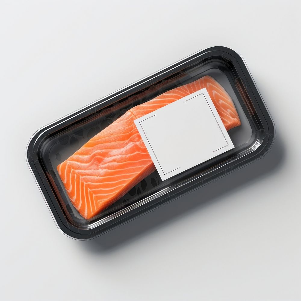 Sealable black plastic tray and cover with salmon and blank label  packaging seafood freshness meat.