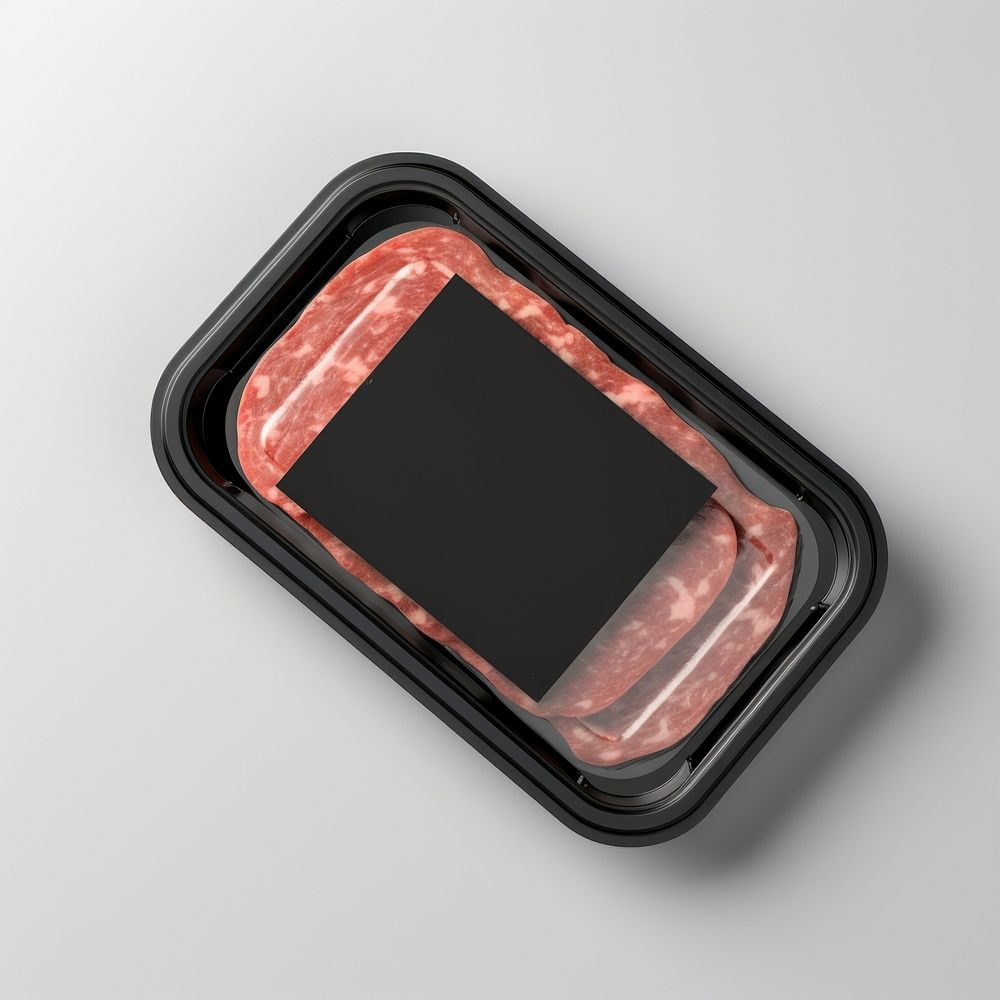 Sealable black plastic tray and cover with raw meat schnitzels and blank label  packaging gray background electronics…