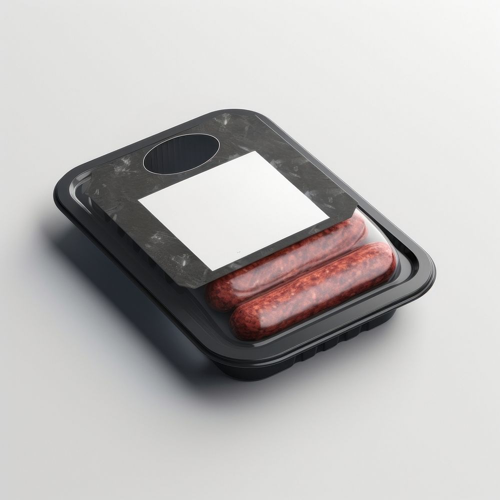 Sealable black plastic tray and cover with raw meat schnitzels and blank label  packaging electronics kielbasa sausage.