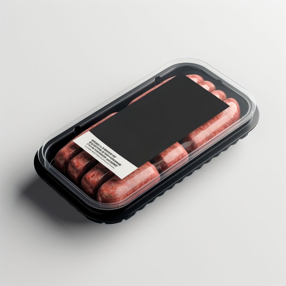 Sealable black plastic tray with raw meat schnitzels and blank label  packaging electronics technology kielbasa.