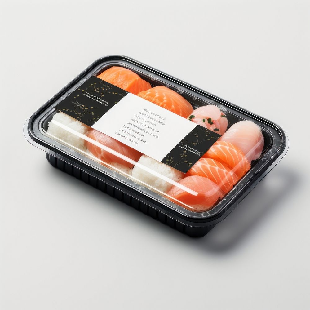 Sealable black plastic tray with sushi and blank label  packaging food freshness container.