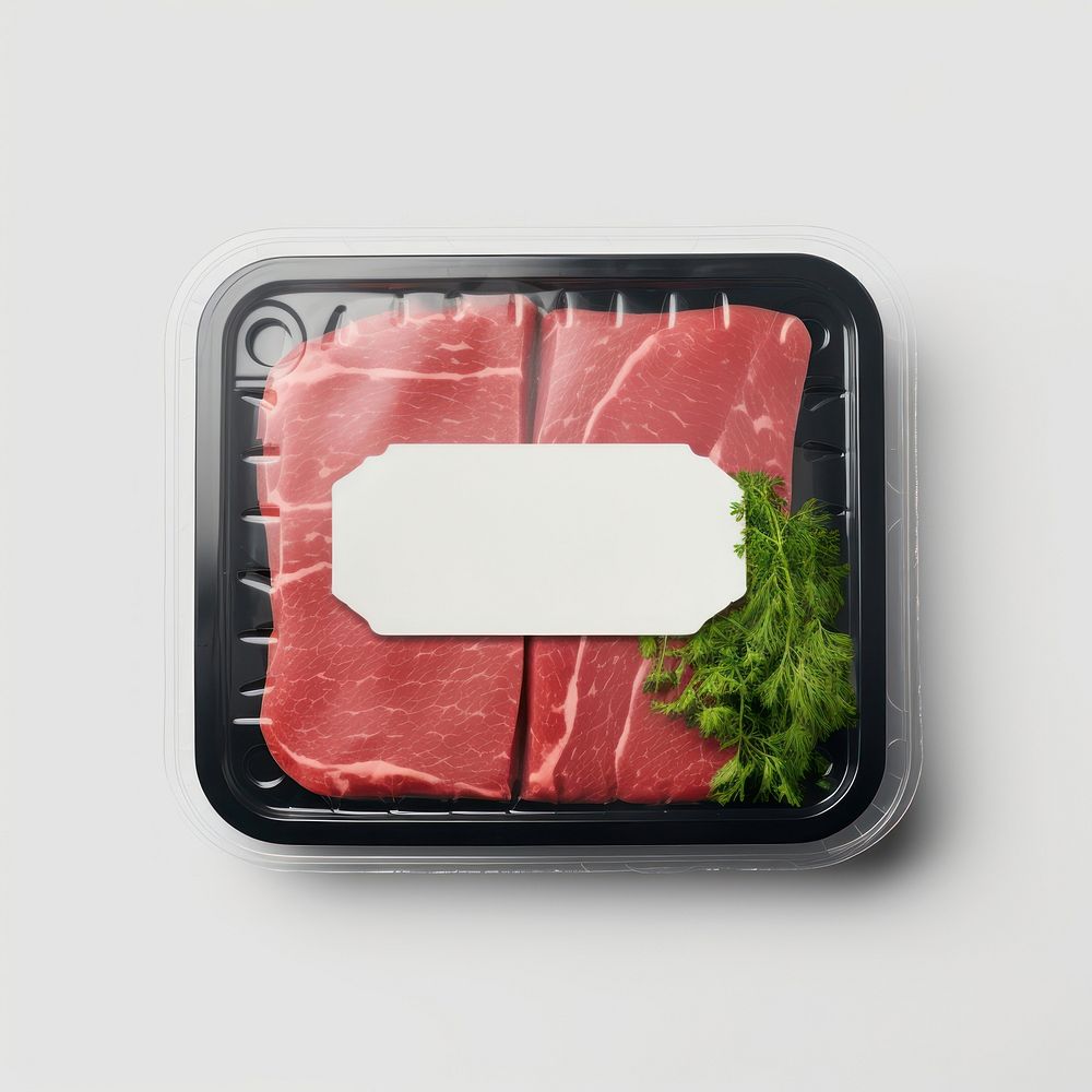 Sealable black plastic tray with raw meat schnitzels and blank label  packaging food vegetable freshness.