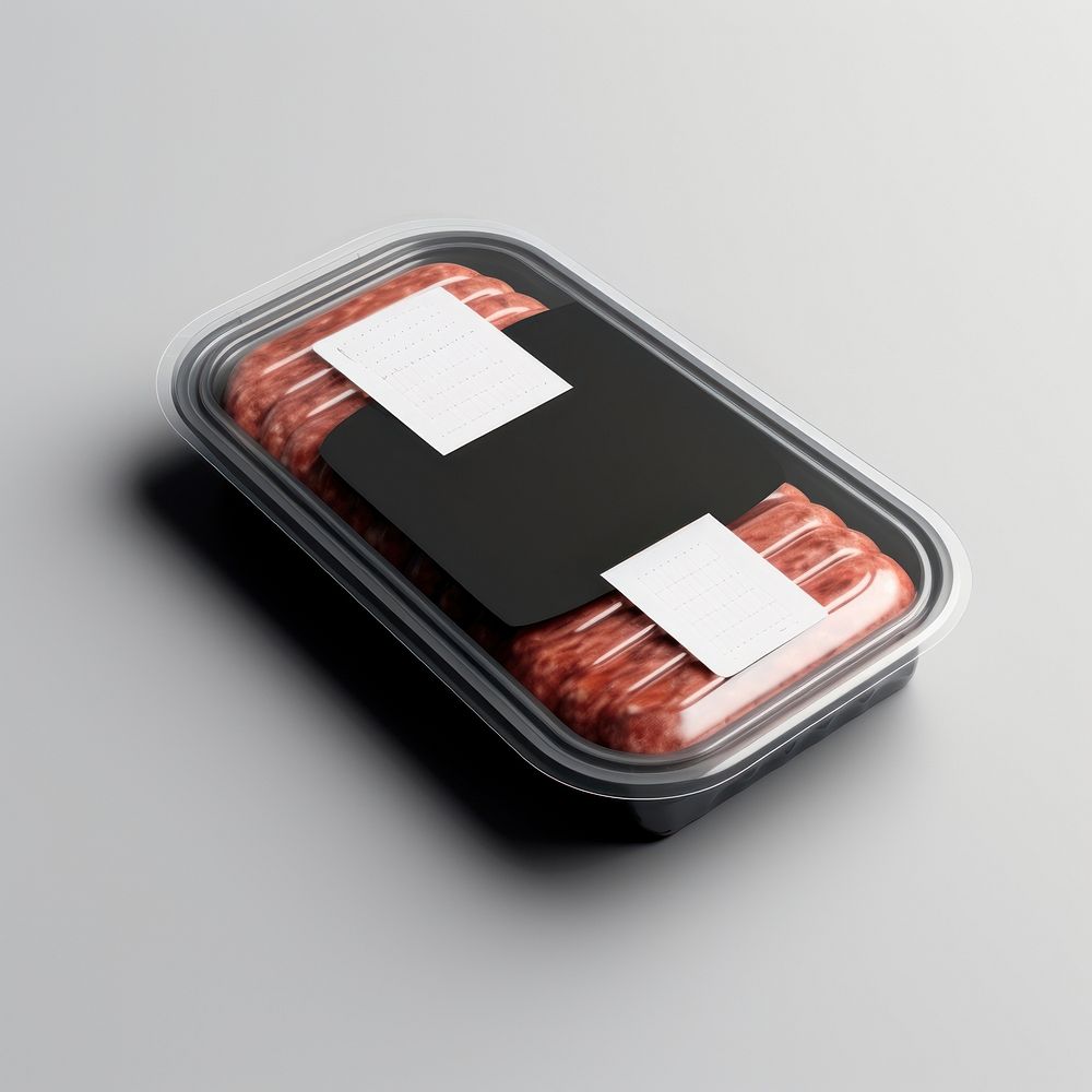 Sealable black plastic tray with raw meat schnitzels and blank label  packaging food electronics bratwurst.
