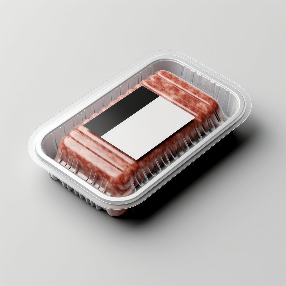 Sealable black plastic tray with raw meat schnitzels and blank label  packaging food bratwurst freshness.