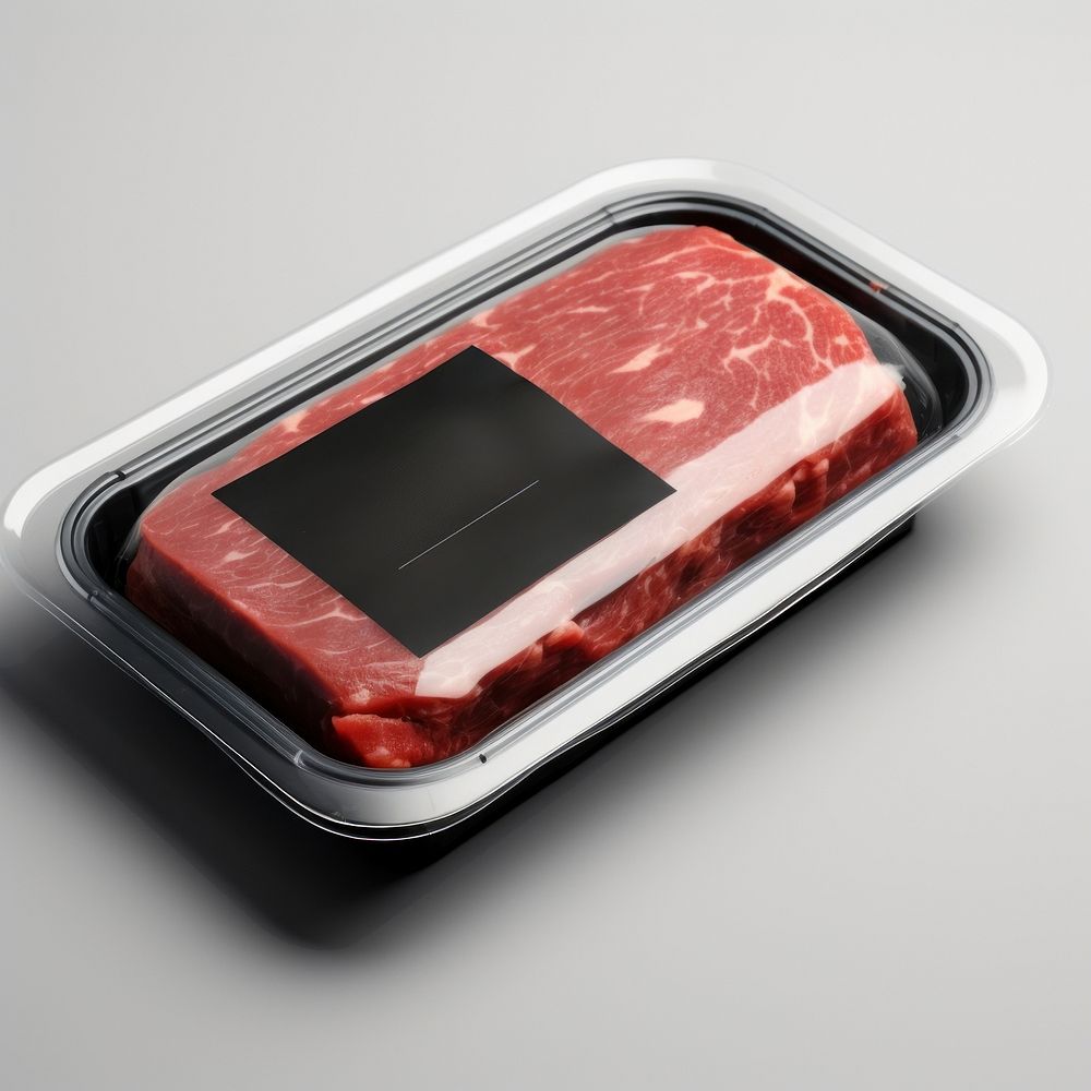 Sealable black plastic tray with raw meat schnitzels and blank label  packaging steak beef food.
