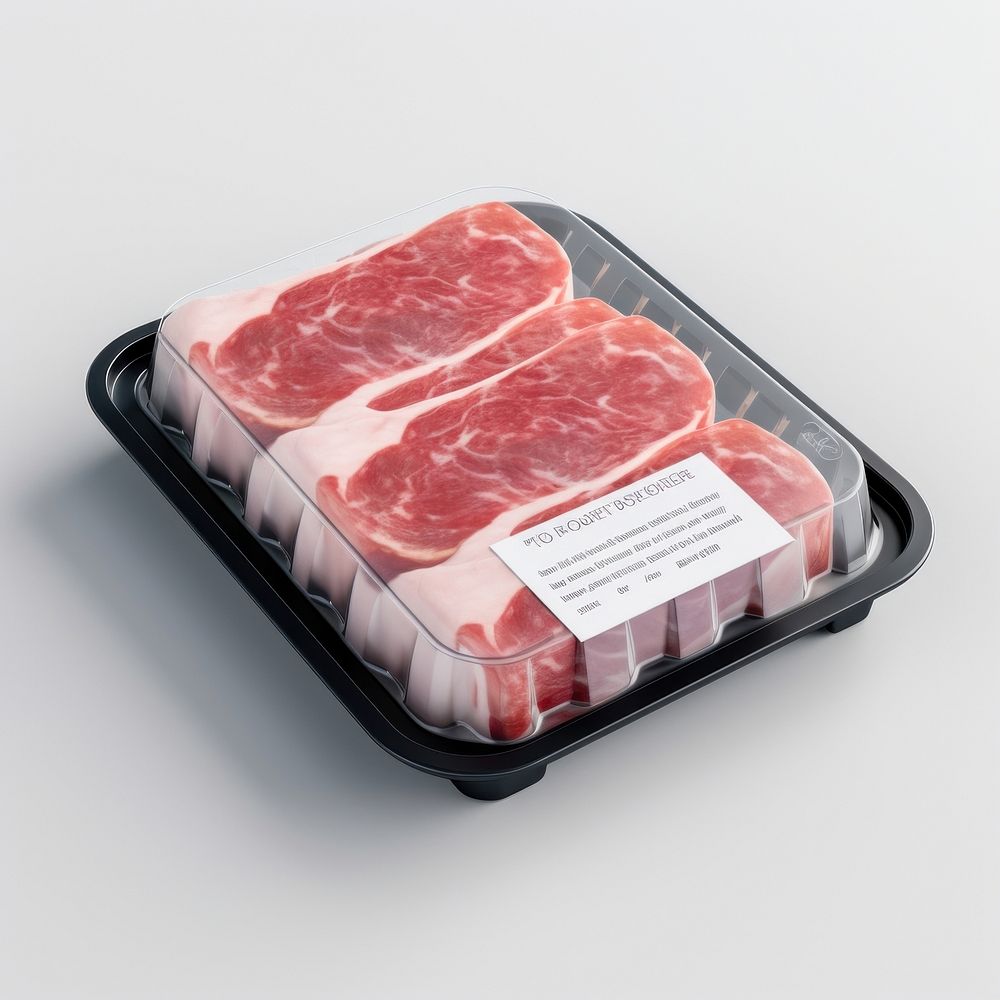 Sealable black plastic tray with pork and blank label  packaging meat beef food.