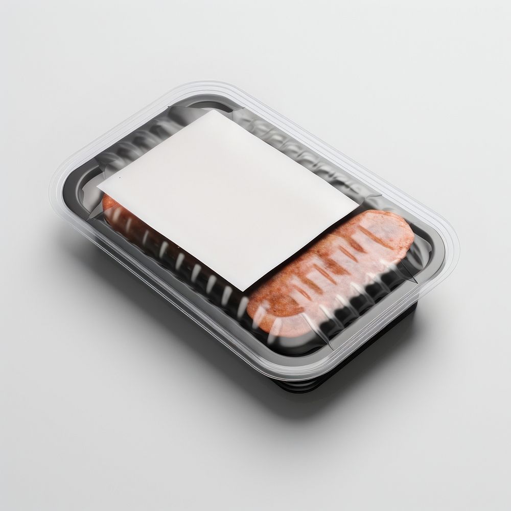 Sealable black plastic tray with raw meat schnitzels and blank label  packaging food white background high angle view.