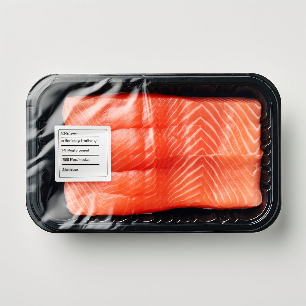 Sealable black plastic tray with salmon and blank label  packaging seafood freshness ketchup.