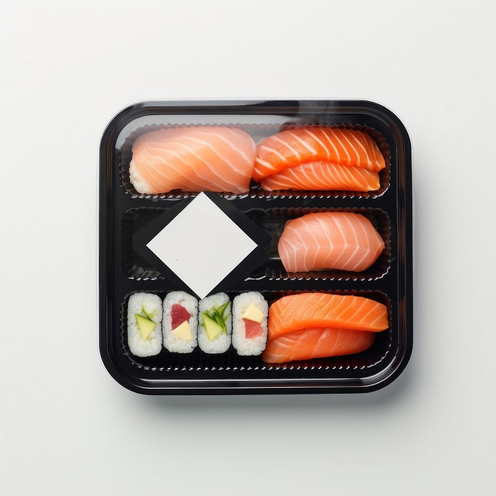 Sealable black plastic tray with sushi and blank label  packaging seafood meal dish.