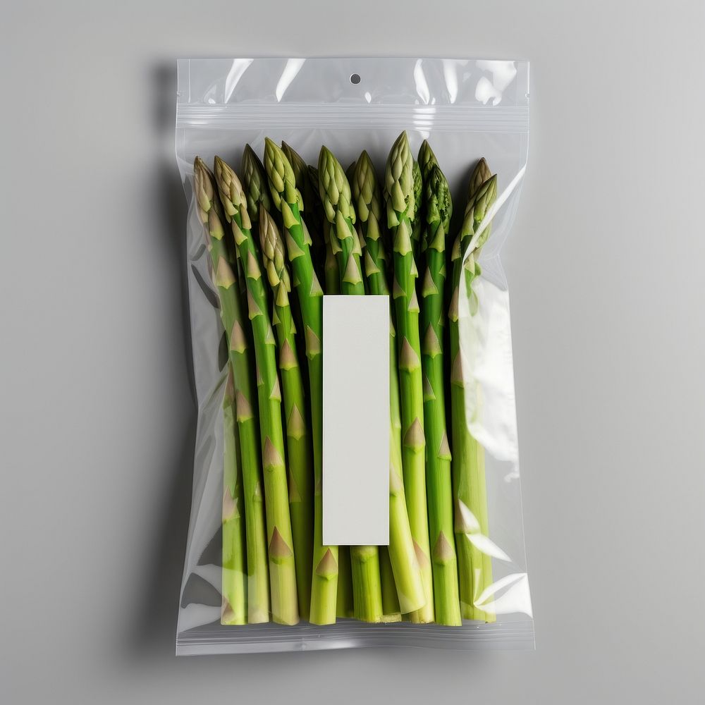 Asparagus plastic bag with blank label  white packaging asparagus vegetable plant.