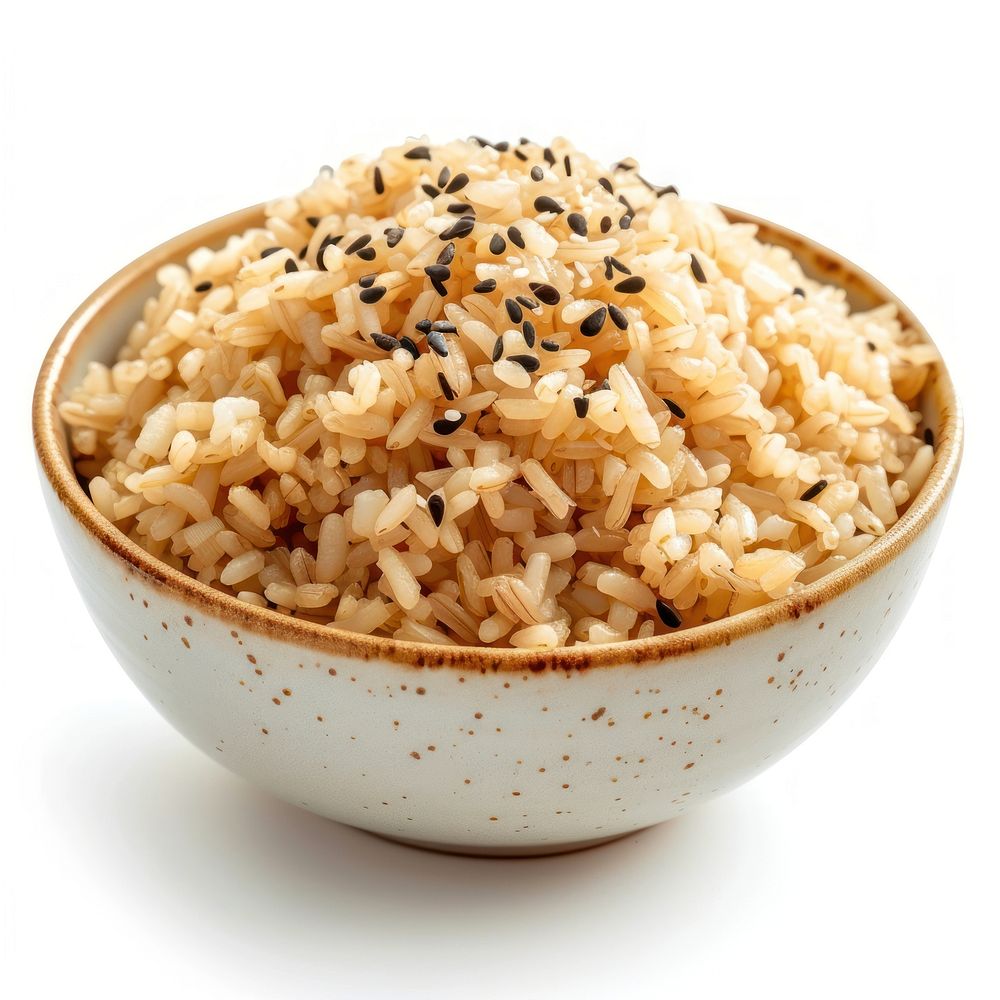 Brown rice in white rice bowl food white background container.