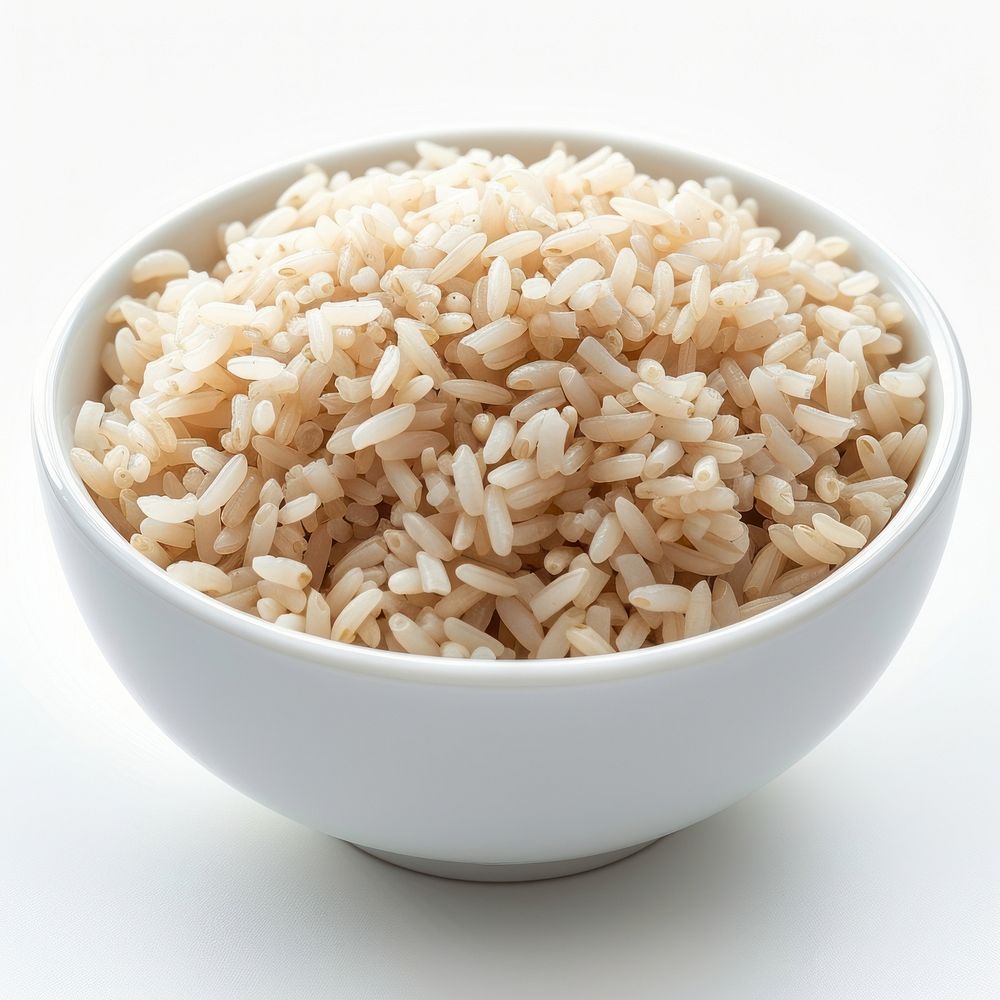 Brown rice in white rice bowl food white background medication.