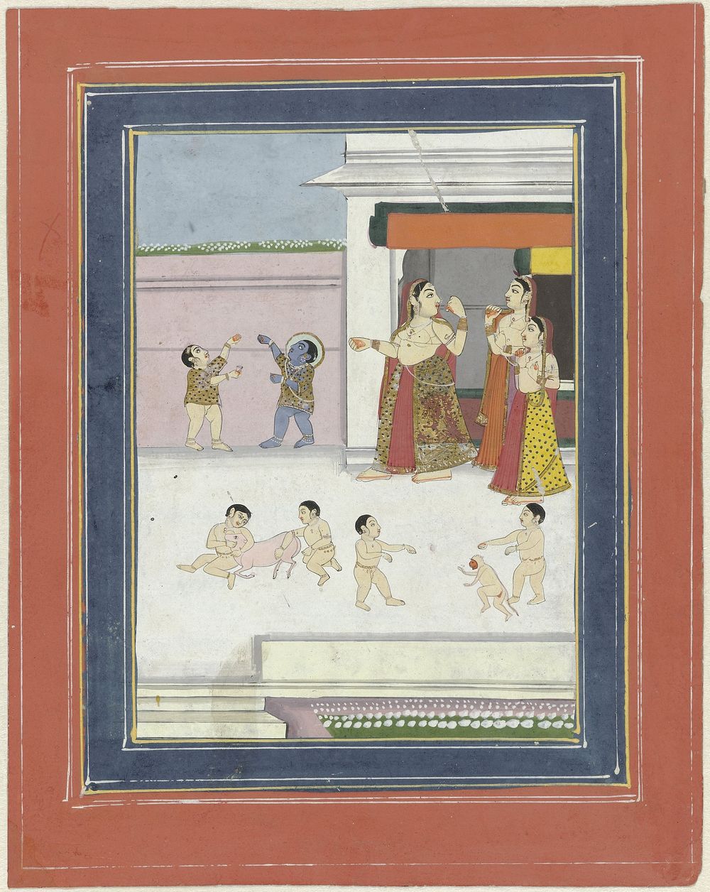 drie vrouwen en spelende kinderen met Krishna (1800 - 1899) by anonymous