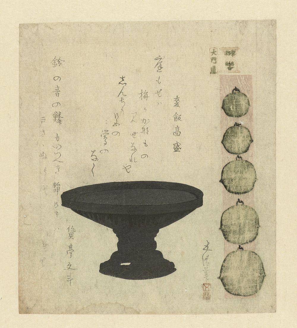 Ômon Straat: bronzen vat en vijf processiebelletjes (c. 1819) by Sunayama Gosei, Migimeshi Takamori and Shichitei Fumimasa