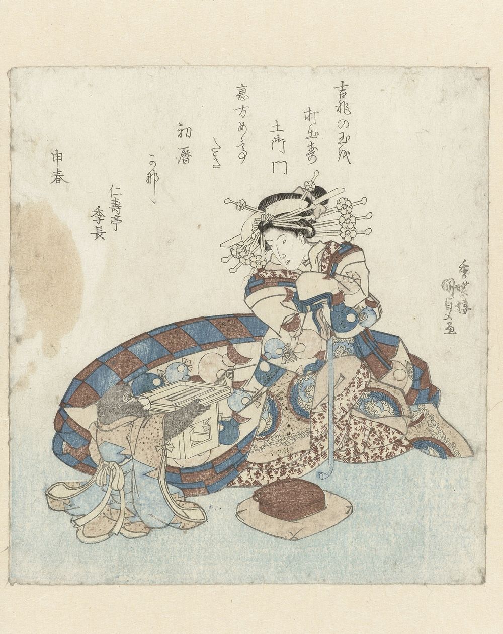 Aapje biedt een almanak aan een courtisane (1836) by Utagawa Kunisada I and Ninjutei Suenaga