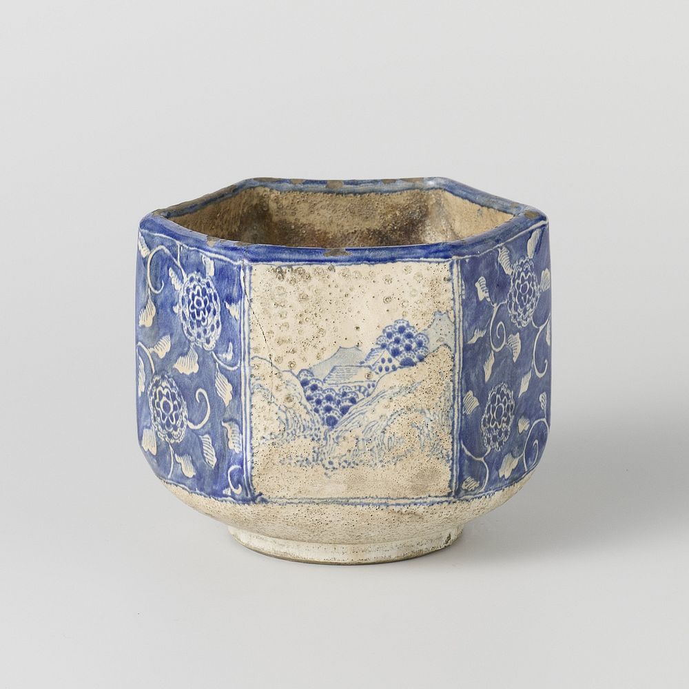 Hexagonal charcoal burner with water landscapes and floral scrolls (c. 1775 - c. 1799) by anonymous