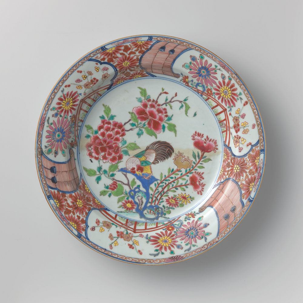 Dish with a cock on a rock near flowering plants (c. 1700 - c. 1724) by anonymous