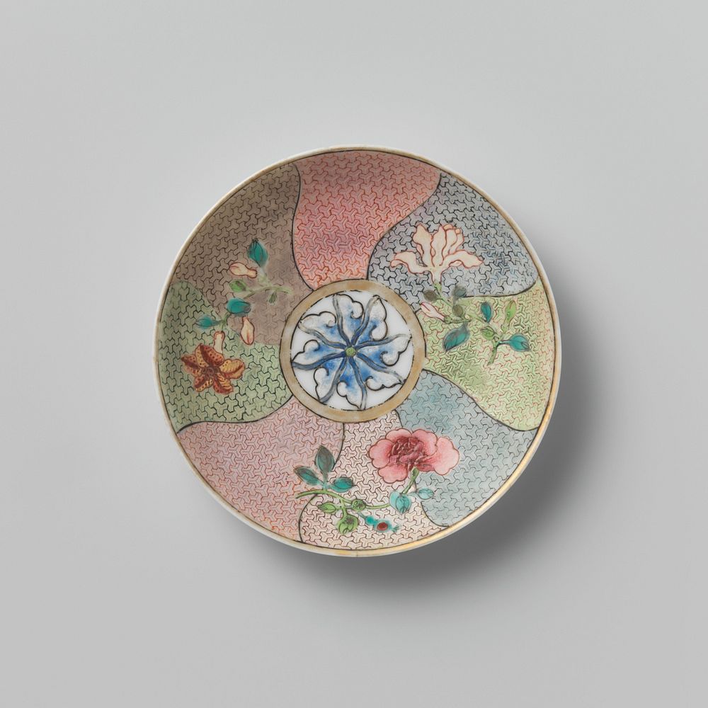 Saucer with three flower sprays on multi-colored diaper-pattern (c. 1725 - c. 1749) by anonymous