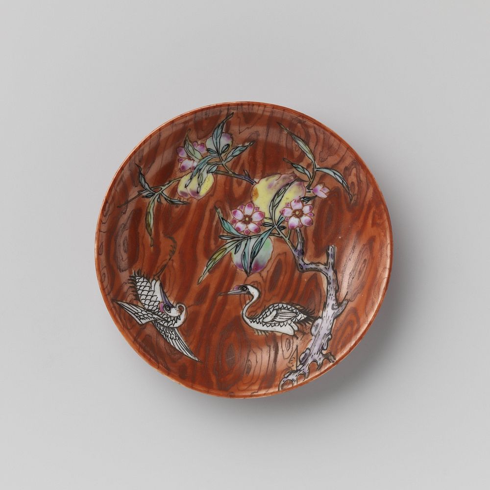 Saucer with peachtree and cranes on a woodcolored ground (c. 1730 - c. 1750) by anonymous