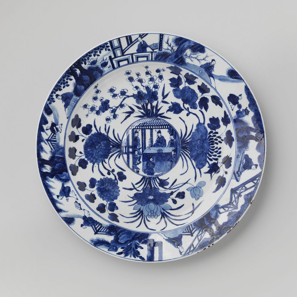 Dish with flower sprays and figures in an interior and in a landscape (c. 1700 - c. 1724) by anonymous
