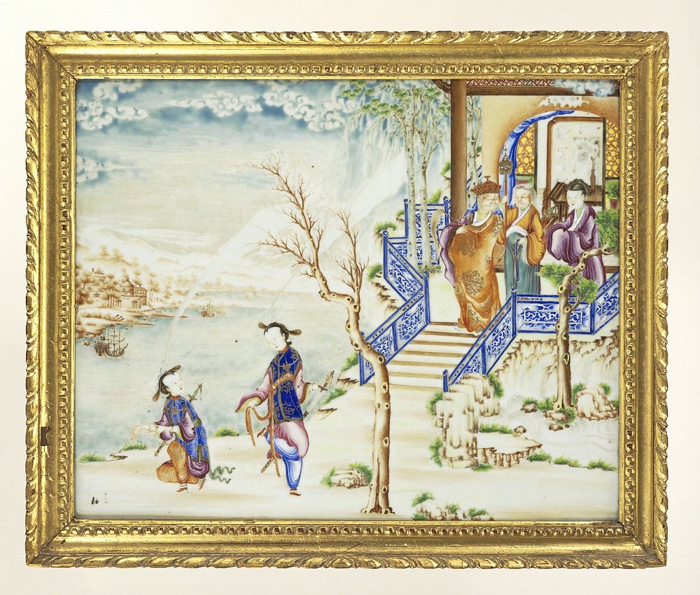 Panel with figures in front of a pavillion in a water landscape (c. 1770 - c. 1775) by anonymous