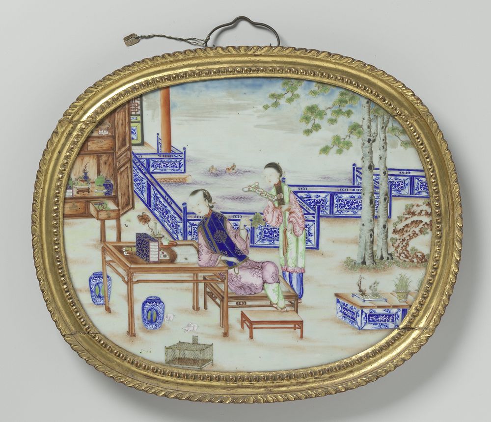 Oval panel with a woman and her servant on a fenced terrace (c. 1770 - c. 1775) by anonymous
