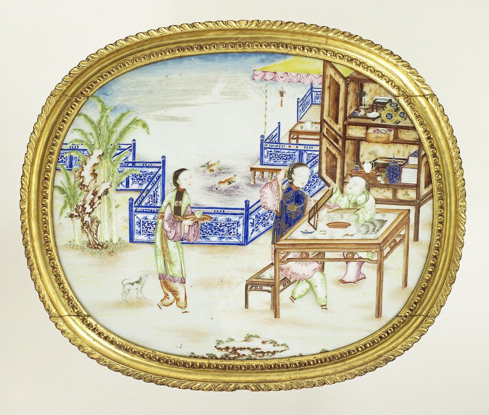 Oval panel with a woman, her servant and a boy on a fenced terrace (c. 1770 - c. 1775) by anonymous