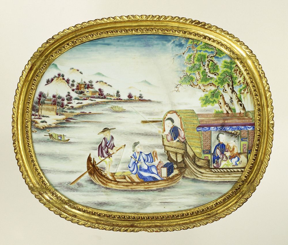 Oval panel with figures in boats in a riverlandscape (c. 1770 - c. 1775) by anonymous