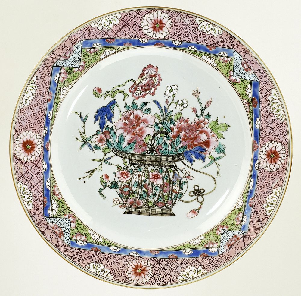Dish with a flower basket in a square frame with folded corners (c. 1730 - c. 1745) by anonymous