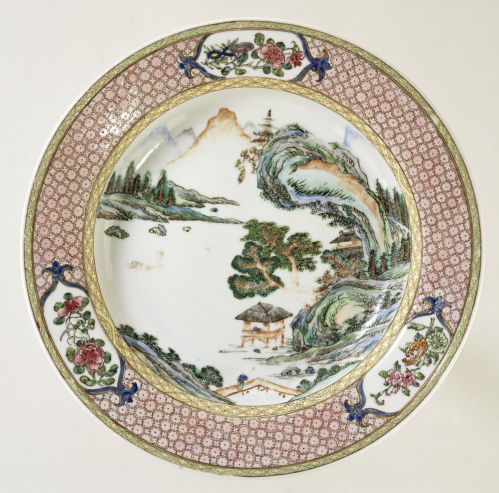 Deep plate with a water landscape with pavilions, trees and mountains (c. 1730 - c. 1745) by anonymous