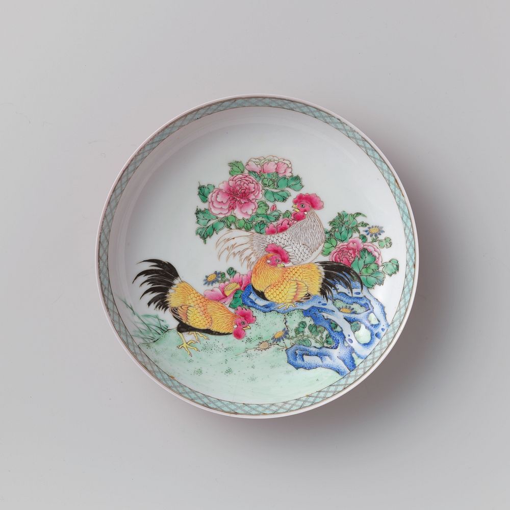 Saucer-dish with three cocks on a rock near flowering plants (c. 1725 - c. 1749) by anonymous