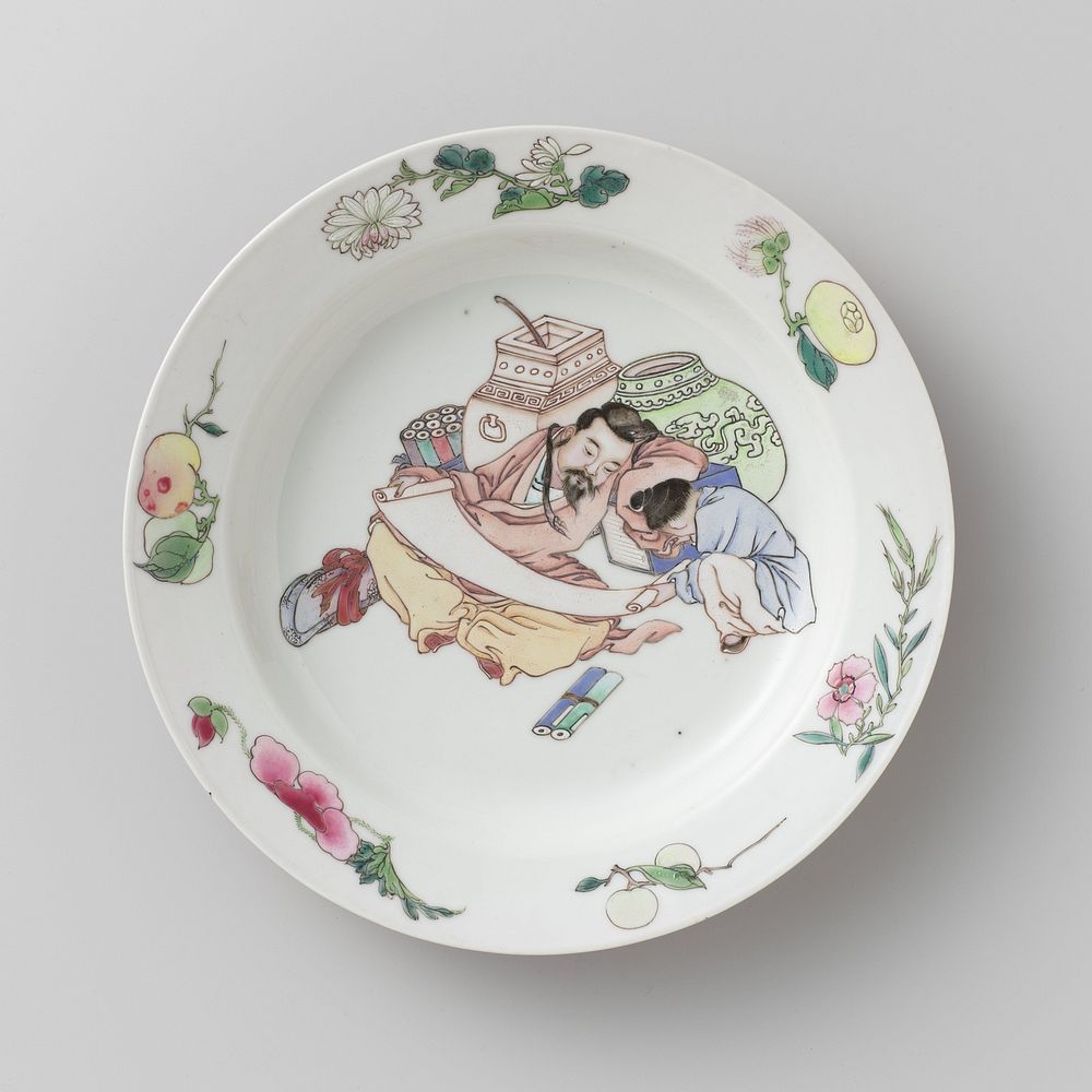 Plate with an man and a boy examining a scroll (c. 1725 - c. 1749) by anonymous