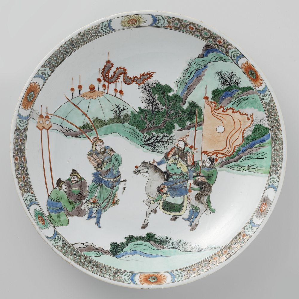 Saucer-dish with two warriors meeting in a rocky landscape (c. 1700 - c. 1780) by anonymous