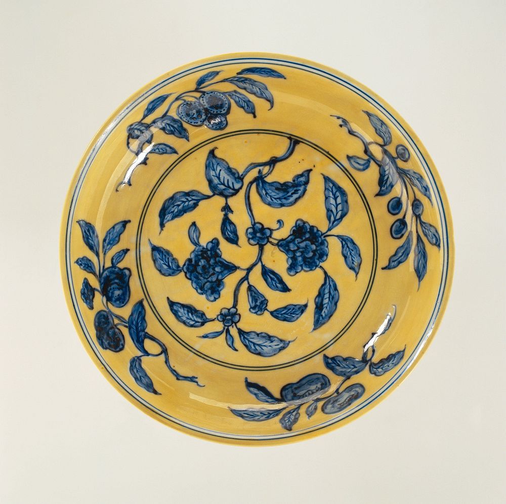 Dish with a flowering plant and fruit sprays reserved in a yellow ground (c. 1506 - c. 1521) by anonymous