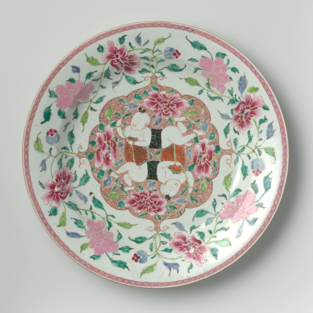 Dish with to boys in a shaped panel holding flower sprays (c. 1725 - c. 1749) by anonymous