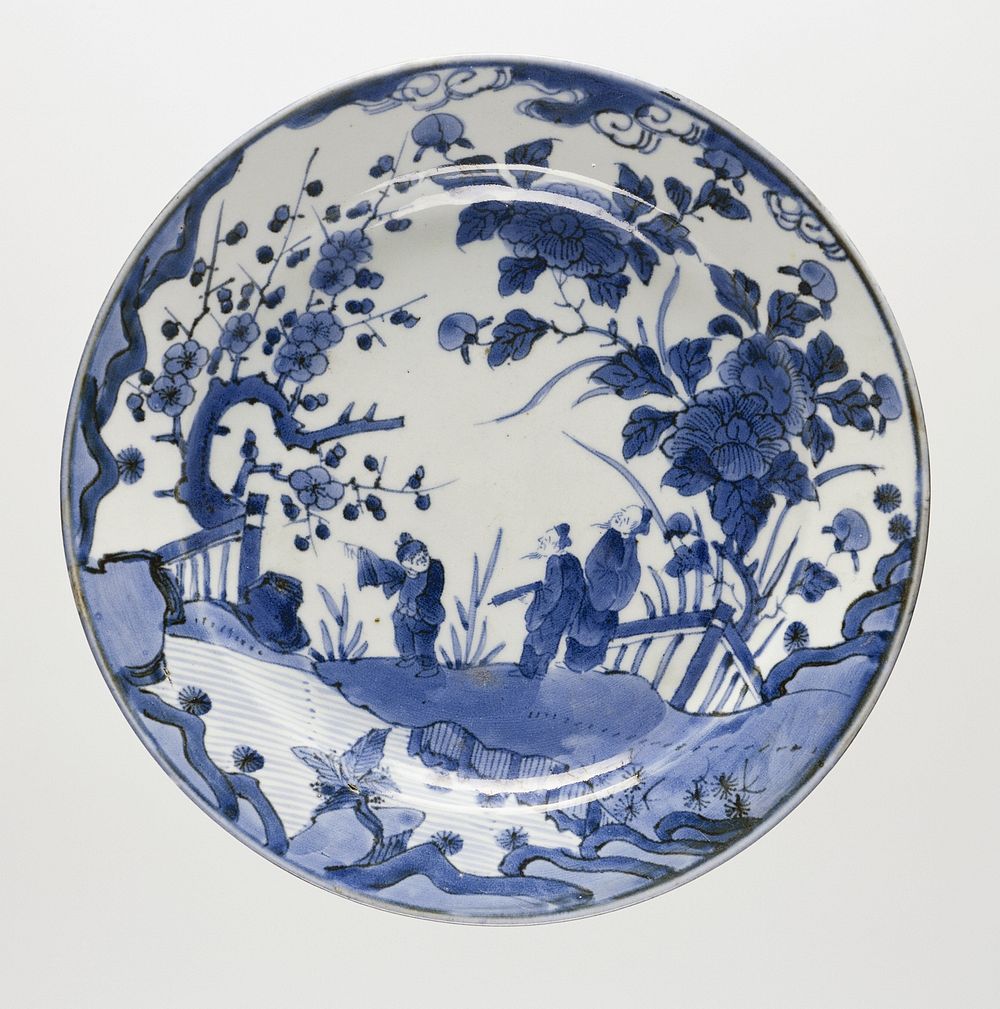 Dish with three figures in a water landscape with flowering plants (c. 1675 - c. 1725) by anonymous