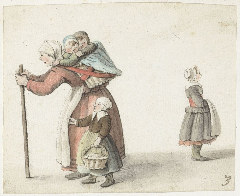 Vrouw met twee kinderen in een draagmand (1651) by Gesina ter Borch