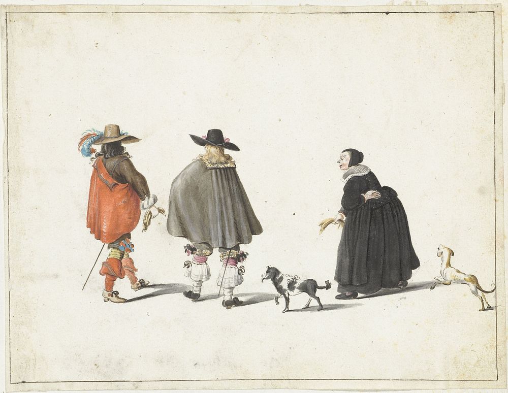 Vrouw in zwart, vergezeld door twee hondjes, pratend met twee heren (1654 - 1655) by Gesina ter Borch