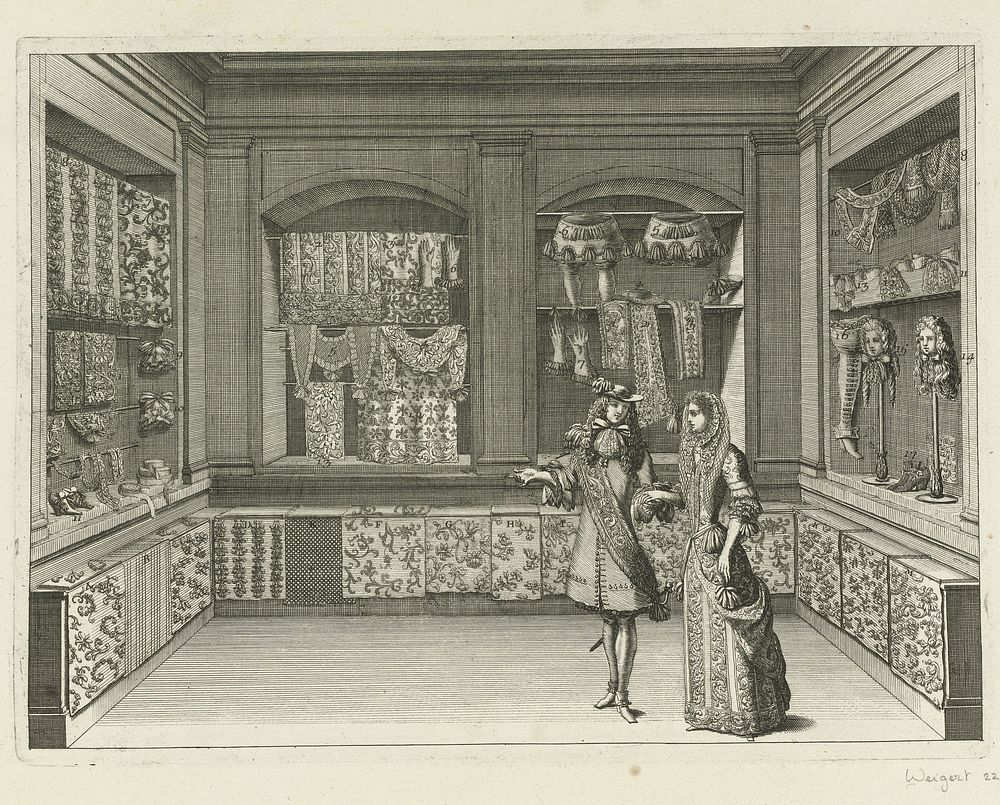 Interieur van fourniturenwinkel in Parijs ca. 1678 (1678 - c. 1715) by Jean Lepautre, Jean Berain le Vieux and Jacques…