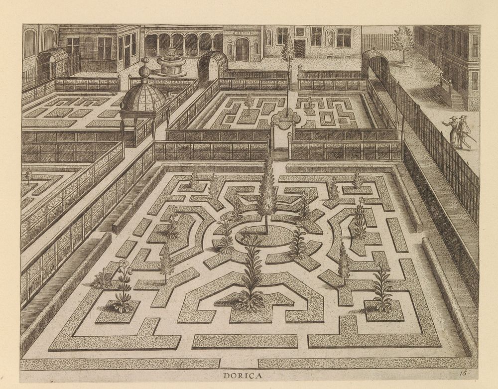 Tuin met een parterre en in de hoeken rechthoekige compartimenten met een plant (c. 1600 - c. 1601) by anonymous, Hans…