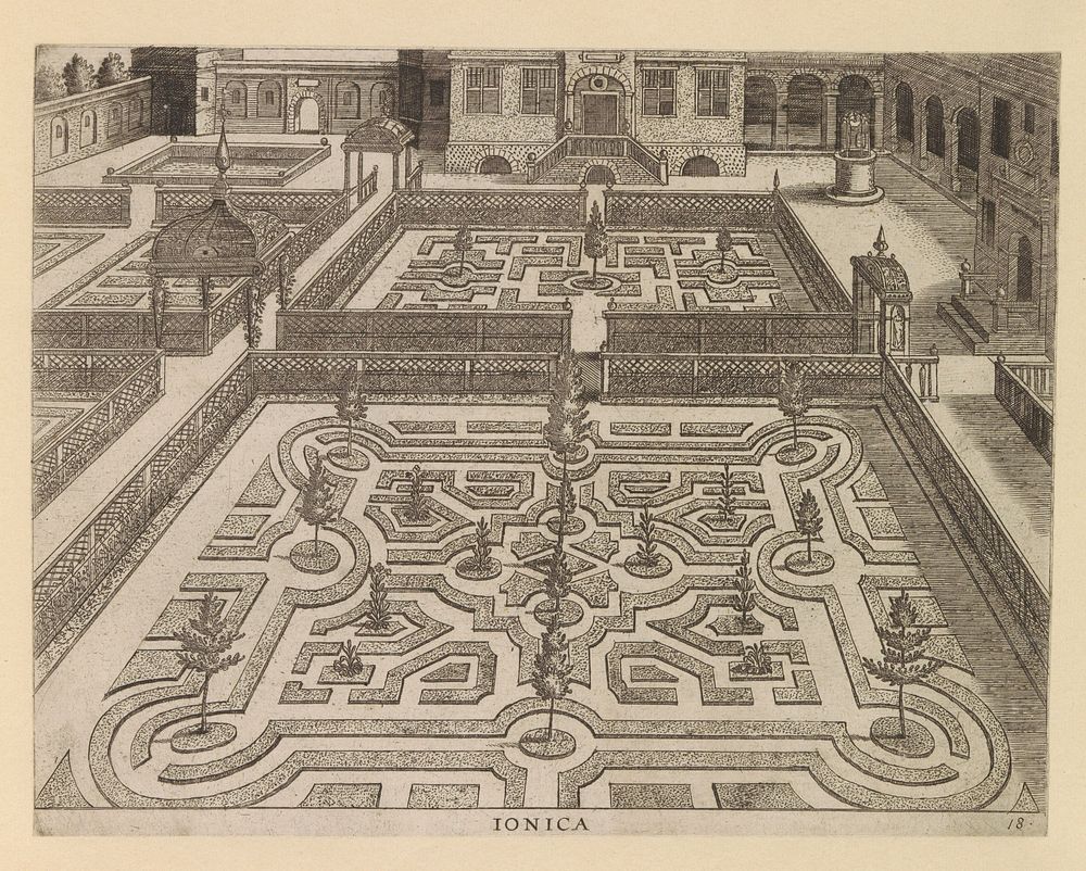Tuin met twee parterres en de gevel van een huis (c. 1600 - c. 1601) by anonymous, Hans Vredeman de Vries, Philips Galle and…
