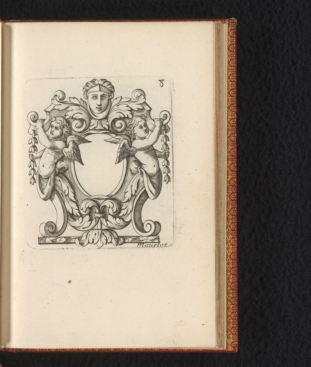 Cartouche met mascaron en twee putti (1685) by Charles Mavelot