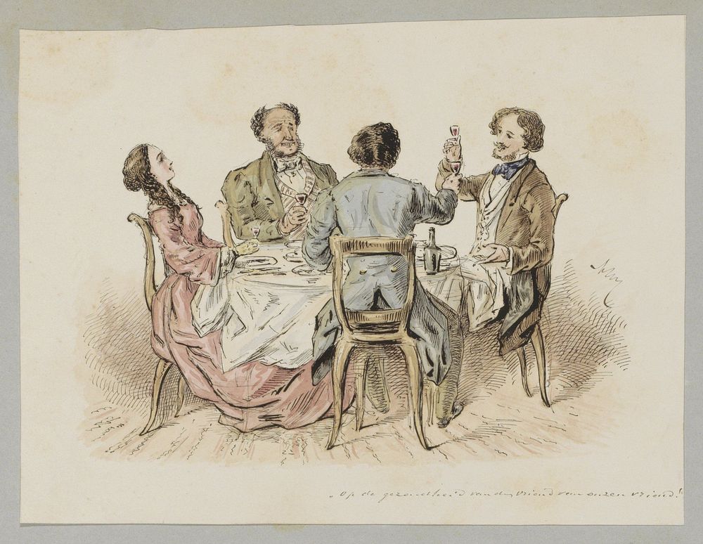 Vier figuren die een toost uitbrengen aan een tafel (c. 1854 - c. 1887) by Alexander Ver Huell