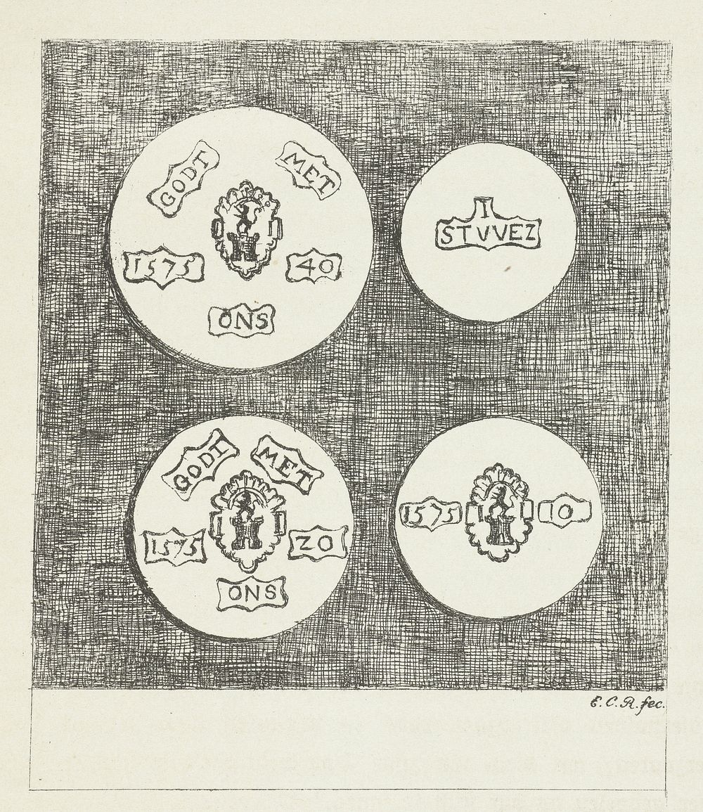 Vier noodmunten tijdens het beleg van Oudewater in 1575 geslagen (1876) by Eberhard Cornelis Rahms