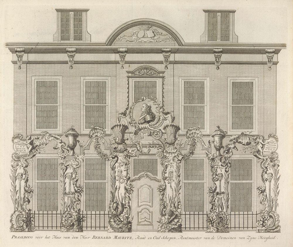 Praalboog voor het huis van B. Mauritz, 1751 (1753) by anonymous, Jan Huis and Isaak Tirion