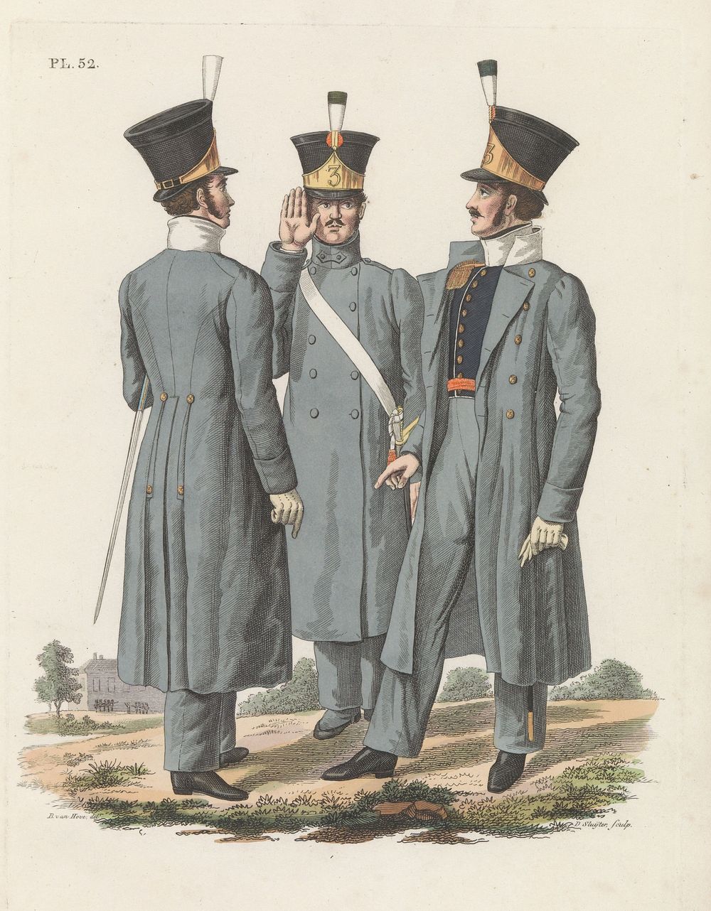 Twee Officieren (der Nationale Infanterie), in tenue met den over - rok, en Korporaal, in tenue met de kapot (1826) by Dirk…