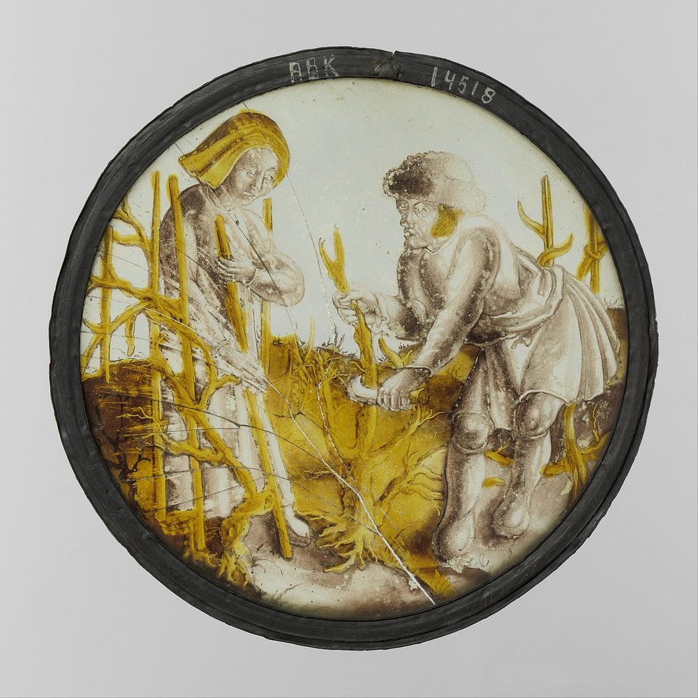 Ruit met voorstelling van een boer die aan het snoeien is (c. 1500 - c. 1525) by Meester van de Dood van Absalom and…