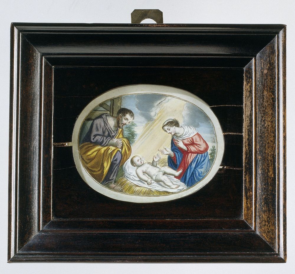 Prent met de aanbidding door Maria en Jozef (c. 1650 - c. 1700) by anonymous